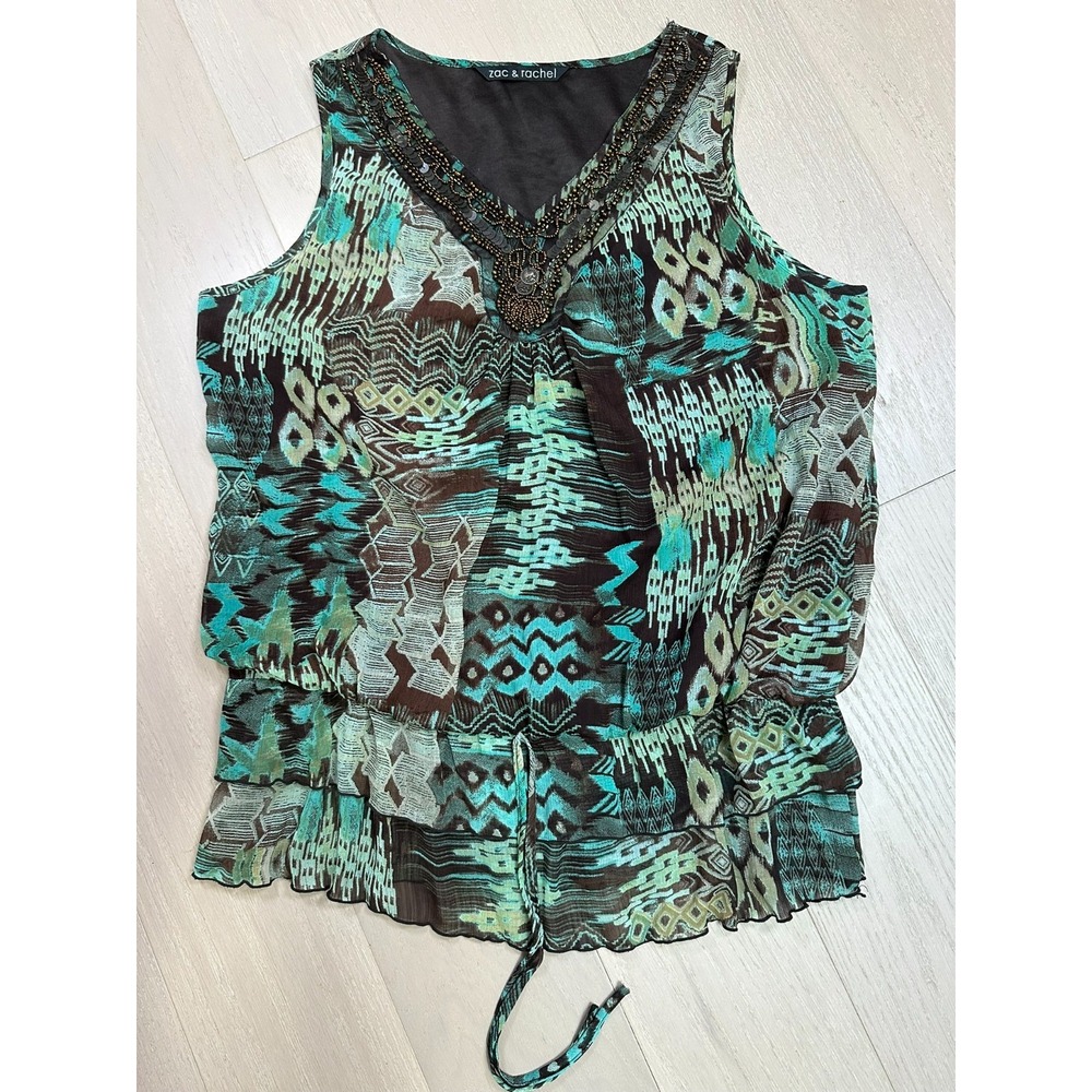 Y2K Tunic Beaded Patterned Tuscan Mom Sheer Ruffled Tank Western Festival L